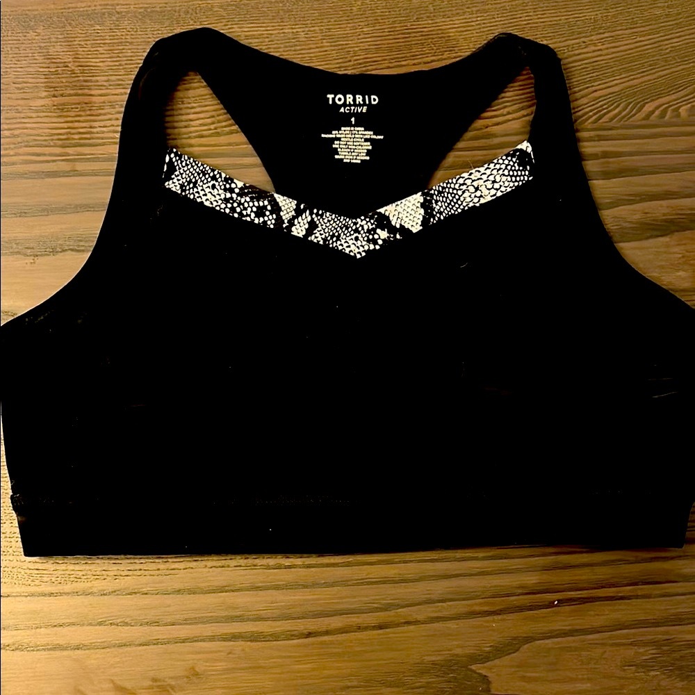 2 Torrid Black Sports Bras with Snake Print Detail